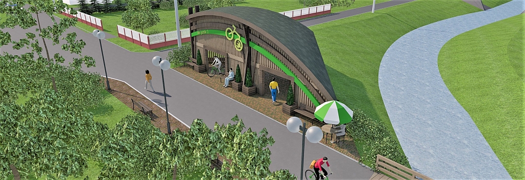 wizualizacja eko wiaty w Zielonej z wypożyczalnią sprzętu rowerowego